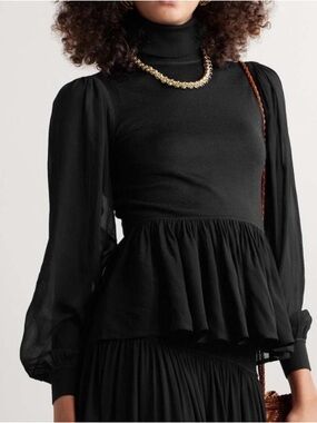Ulla Johnson Iliana Black Knit Sheer-Pleat Peplum Top and sleeves
